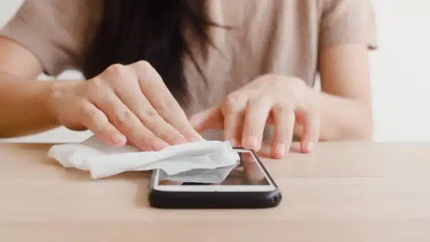 Woman using alcohol spray tissue clean mobile phone
