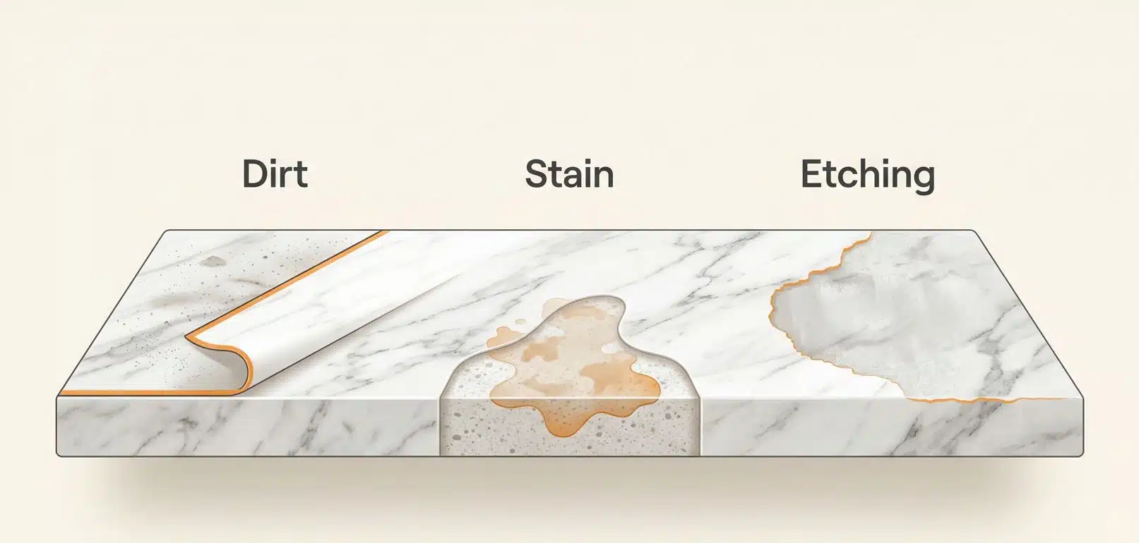 differences of different types of stains and etching on marble surfaces
