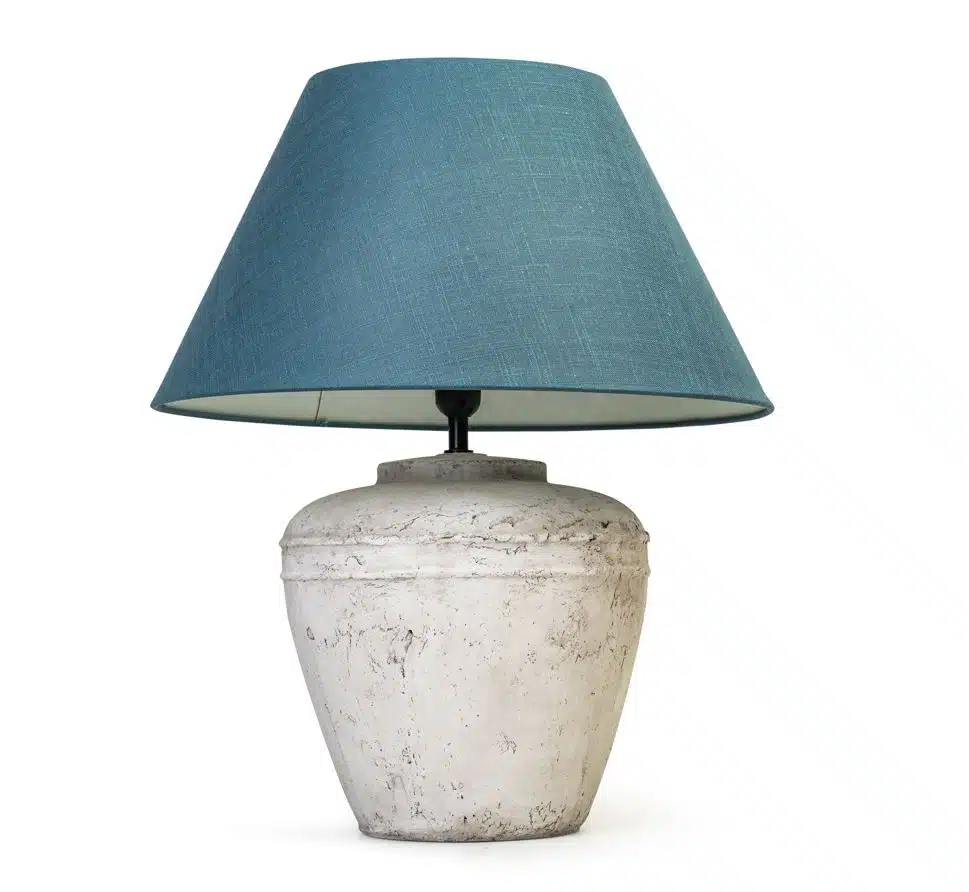 old antique light with an acqua coloured paper lampshade on a white background