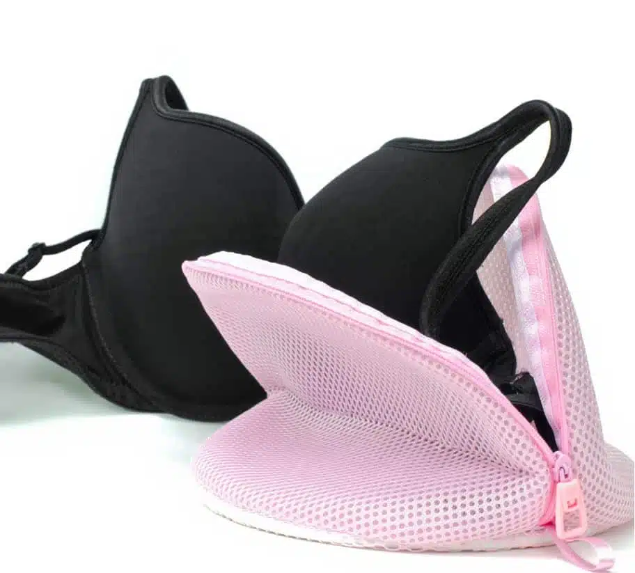 black bra in a pink washable bag
