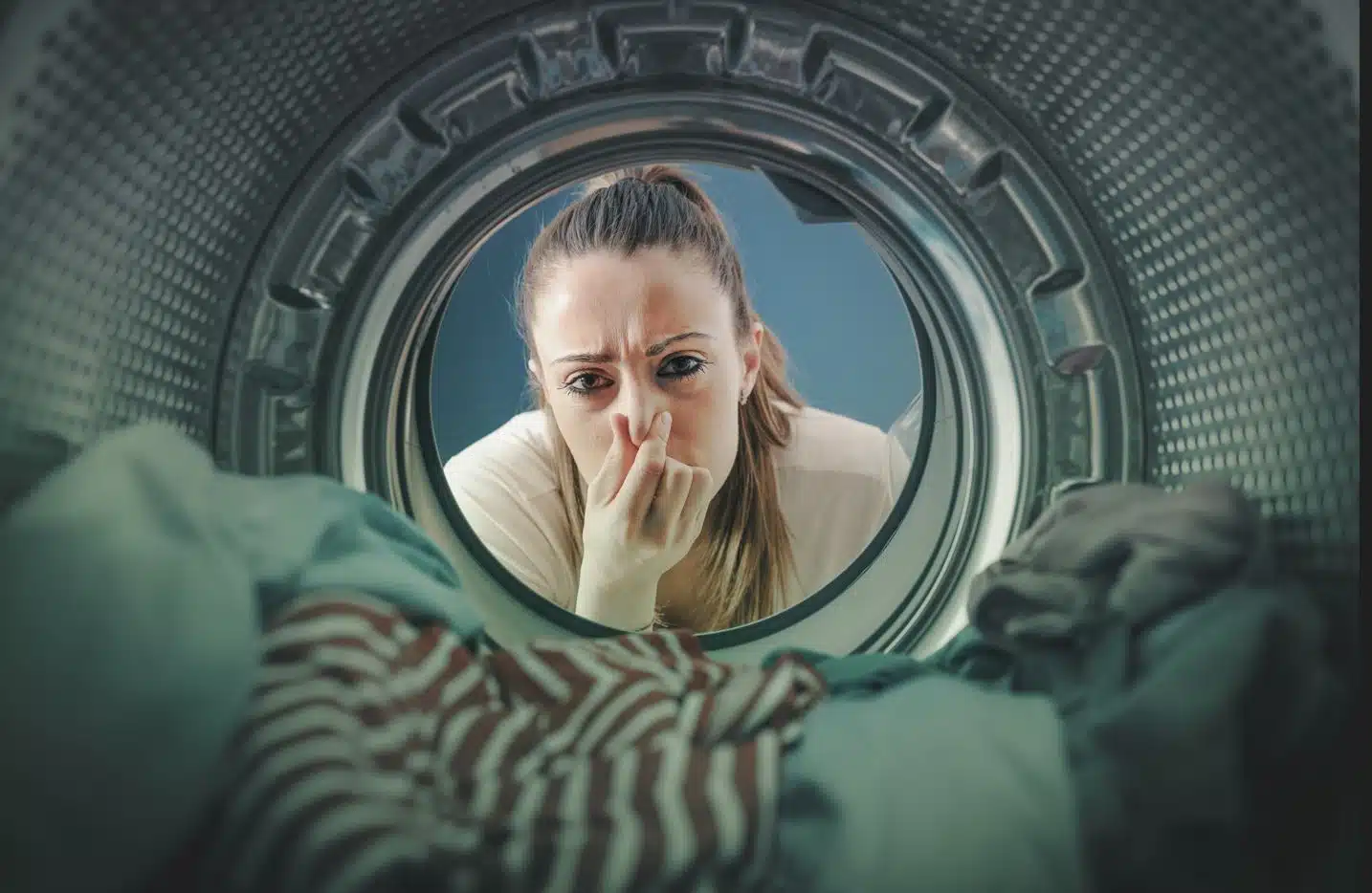 woman looking into smelly washing machine and holding her nose to block the smell