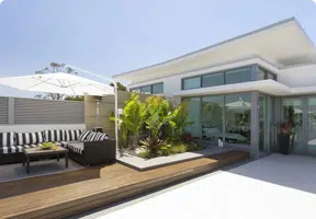 Close up of patio area of a large affluent home