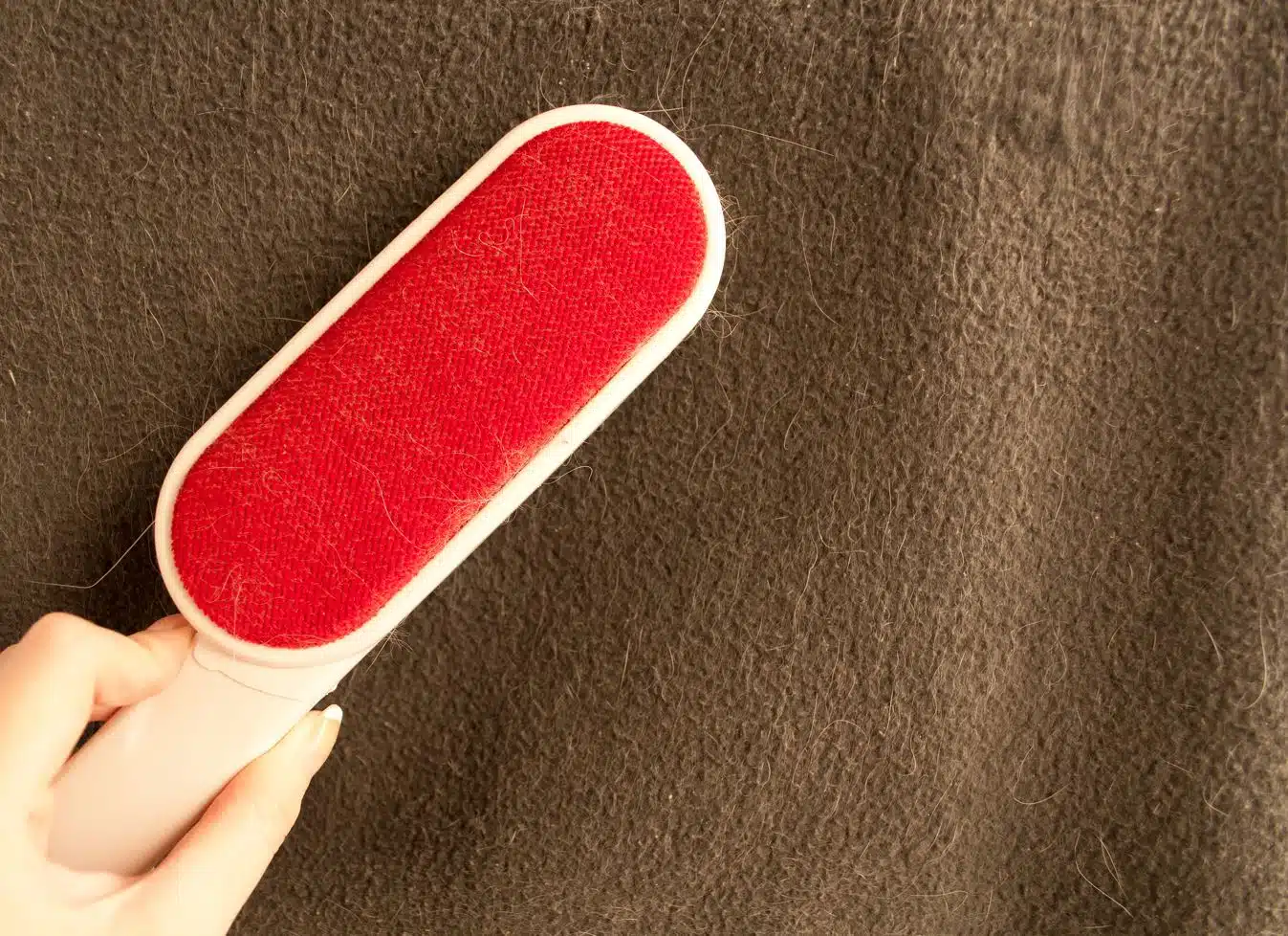 woman using lint brush on brown blanket