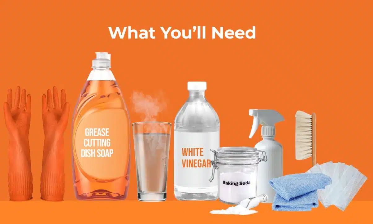 different products that are needed to clean a rangehood filter on an orange background