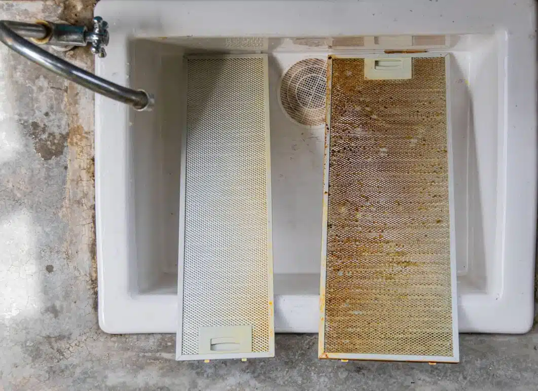 dirty rangehood filter on kitchen sink